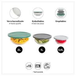 Lot de 3 saladiers verre + couvercles